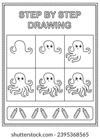 Octopus. Book page, drawing step by step. Black and white vector coloring page.