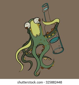 Octopus with the bottle, vector illustration