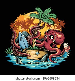 octopus bringing beer at a summer party under a coconut tree in the middle of the beach