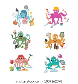 Octopus in business vector illustration octopi character of businessman constructor or housewife doing multiple tasks set of multitasking octopuses isolated on white background