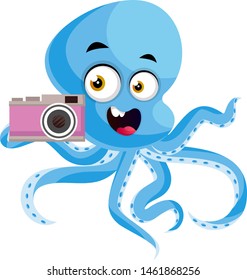 Octopus with camera, illustration, vector on white background.
