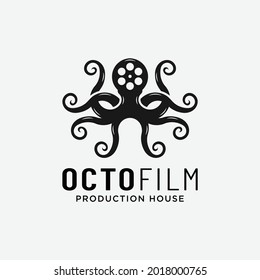 Octopus with Camera Reel Stripes Filmstrip Logo Design Template. Suitable for Cinematography Video Film Movie Production Studio Cinema Theater Industry Label in Vintage Retro Hipster Logo Design.