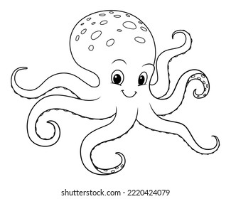 Octopus Cartoon Animal Illustration BW