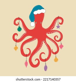 Caricatura del pulpo. Un pulpo lindo con un sombrero de Papá Noel con decoraciones navideñas representando la tarjeta de invitación Feliz Navidad y Feliz Año Nuevo.