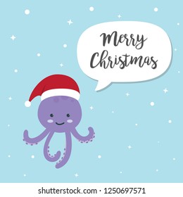 Octopus cartoon character. A Cute octopus wearing Santa Claus hat standing on marine blue background.Flat design Vector illustration for Merry Christmas and Happy New Year invitation card.