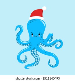 Octopus cartoon character. A Cute octopus wearing Santa Claus hat for Merry Christmas and Happy New Year invitation card.