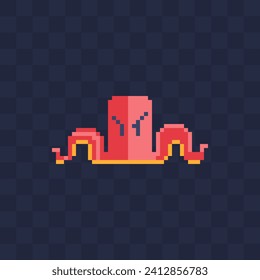 Octopus cartoon character. Pixel art style. Sea monster. 8-bit. Isolated vector illustration on black background. Design for logo and web. Game assets.