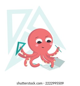 Octopus cartoon character in red color is working and studying with notebook, pencils and ruler.