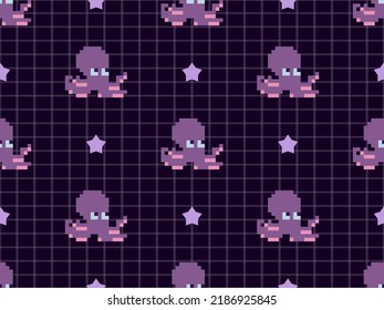 Octopus cartoon character seamless pattern on purple background.  Pixel style
