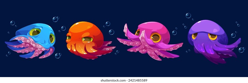 Octopus cartoon character set. Cute funny childish underwater animal with different face emotions and water bubbles. Vector illustration collection of swimming adorable baby kraken with tentacles.