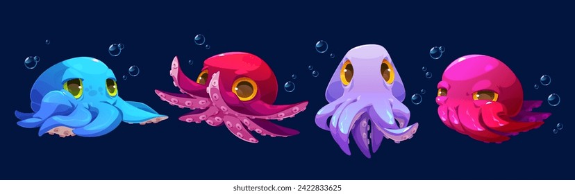 Octopus cartoon character set. Cute funny childish underwater animal with different face emotions and water bubbles. Vector illustration collection of swimming adorable baby kraken with tentacles.