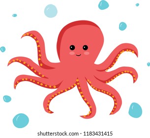 Octopus cartoon character smiling and swimming with bubble on white background