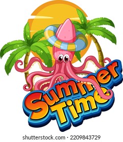 Octopus cartoon character with summer time word illustration