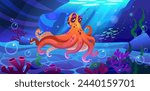 Octopus cartoon character swimming underwater. Vector seabed landscape with corals, seaweeds and bubbles deep under water. Marine animal with tentacle and cute face on bottom of ocean or aquarium.