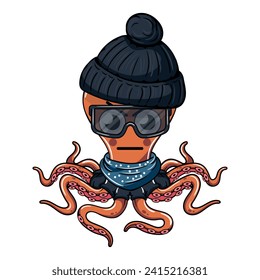 Octopus cartoon comic gangster with a black wool beanie and dark glasses angry. Illustration for fantasy, science fiction and adventure comics