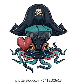 Octopus cartoon cyborg comic angry pirate with glasses and gas mask with a heart balloon in his robotic tentacle. Illustration for fantasy, science fiction and adventure comics