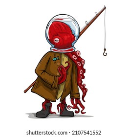Octopus cartoon fisherman, vector graphics