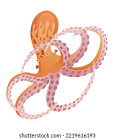 Octopus cartoon flat character with suckers on hands. Aquatic fauna icon. Animal illustration for zoo ad, nature concept. Cute color octopus, sea animal with tentacles