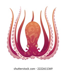 Octopus cartoon flat character with suckers on hands. Aquatic fauna icon. Animal illustration for zoo ad, nature concept. Cute color octopus, sea animal with tentacles