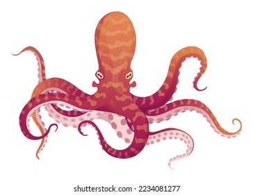 Octopus cartoon flat character with suckers on hands. Aquatic fauna icon. Animal illustration for zoo ad, nature concept. Cute color octopus, sea animal with tentacles