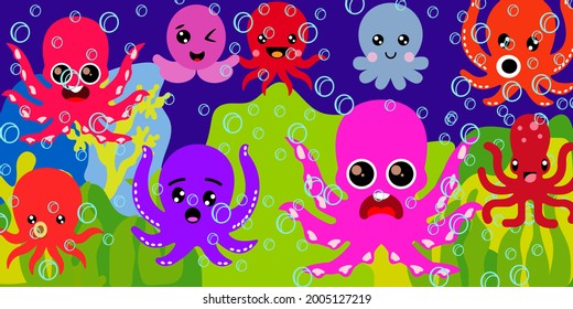 Octopus cartoon illustration undersea. Octopus character animals collection