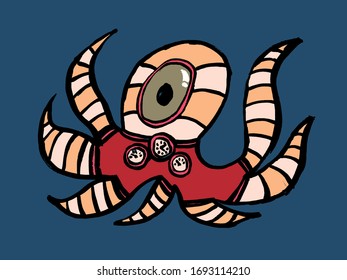 Octopus Cartoon Mascot Character In Space. Vector doodle Illustration. Grunge hand-drawn style.