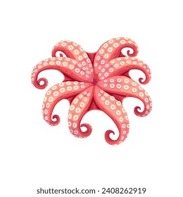 Octopus, caricatura de mariscos, cocina de mar y productos de cocina, vector aislado. Pulpo entero crudo o cocido para el plato de marisco, menú sushi bar o paquete de productos del mercado de pescado