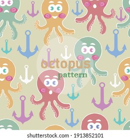 Octopus cartoon seamless pattern, vector image, bright background