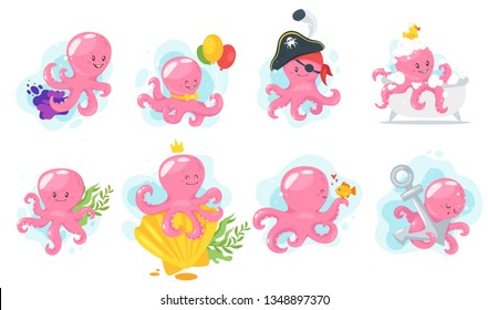 Octopus cartoon style baby character set in different activities. Isolated on white background. Vector illustration.