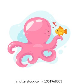 Octopus cartoon style baby character with fish. Isolated on white background. Vector illustration.