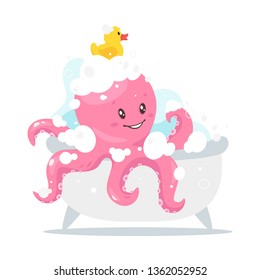Octopus cartoon style baby character taking bath with rubber yellow duck in the bathroom. Isolated on white background. Vector illustration.