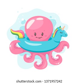 Octopus cartoon style baby character with unicorn inflatable circle. Vector illustration isolated on white background.