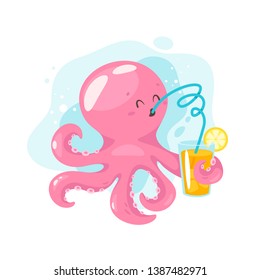 Octopus cartoon style character drinking orange fresh cocktail. Vector illustration isolated on white background.