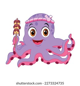 octopus cartoon style hold takoyaki with kanji mean takoyaki	