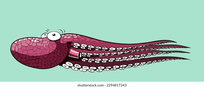 Octopus cartoon swimming in the sea propelled by his siphon very pleased and happy