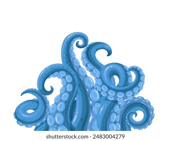 Octopus cartoon tentacles waving from border. Underwater fantasy monster decoration, arms and legs of marine kraken with suckers. Scary legends mascot, cartoon giant octopus vector illustration