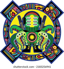 diseño de vector de cartografía de pulpo con fondo de adorno azteca
