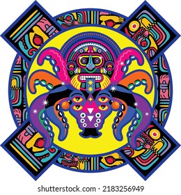 octopus cartoon vector design with aztec ornament background
