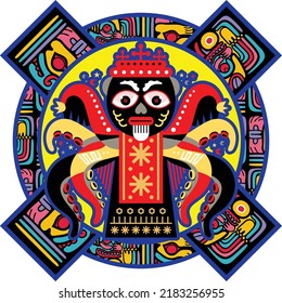 octopus cartoon vector design with aztec ornament background
