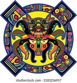 Tintenfisch-Cartoon-Vektordesign mit Aztec-Ornament-Hintergrund
