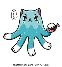 ฺBlue octopus cat, Cute cartoon character design.