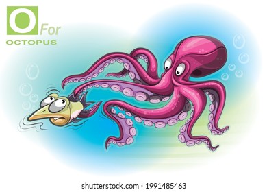 The octopus is catching a fish in the water and the fish is trying to escape. both are cartoon characters.