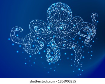 Octopus, cephalopod mollusk, marine animal. Abstract polygonal illustration on a blue background with stars with destruction shapes