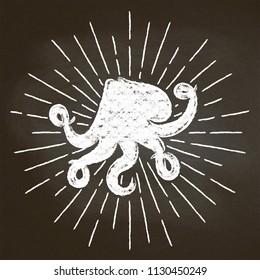 Octopus chalk silhoutte with sun rays on blackboard. Good for seafood  restaurant menu design, decor, logotypes,  or posters