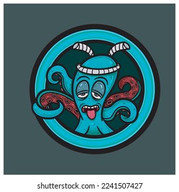 Octopus Character With Circle logo. Vector and Illustration.