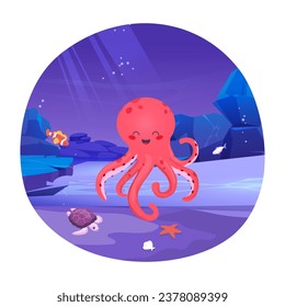 Octopus character. Cute watercolor octopus logo, kids design. Sea animal illustration. Under the sea nursery children animal.