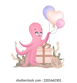 Octopus character. Happy birthday. Balloons. Cute baby animal octopus. Marine life. Underwater world. T-shirt print design. Children's illustration.