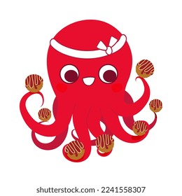 Octopus character juggles Takoyaki balls vector illustration isolated on white background. Cute symbol of Japanese street seafood. Flat cartoon style