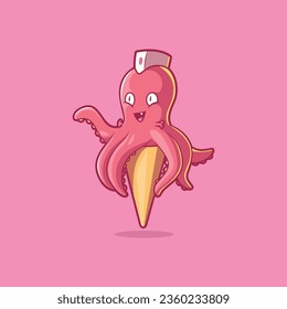 Octopus character on top of an Ice Cream cone vector illustration. Funny, food, brand design concept.
