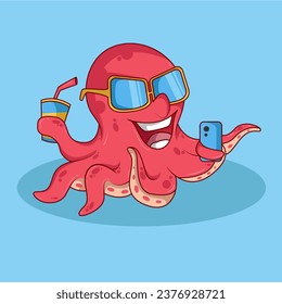 Octopus character with phono and drink